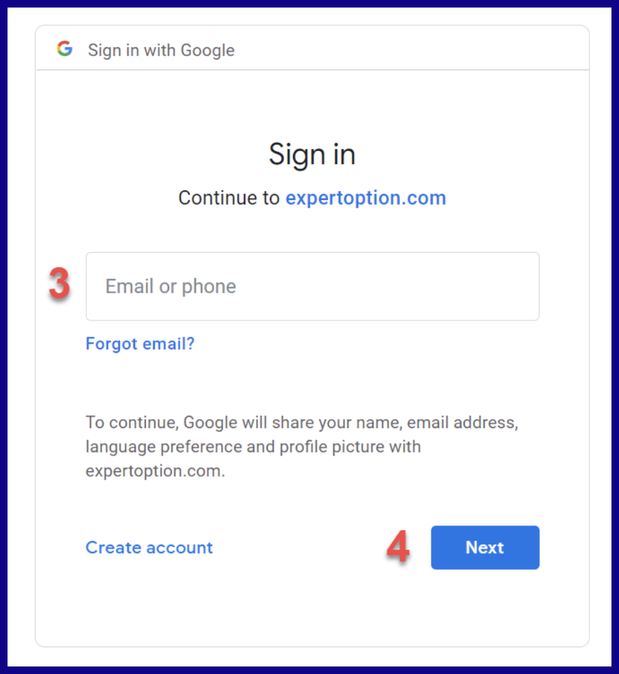 Google account sign in window to open account on ExpertOption